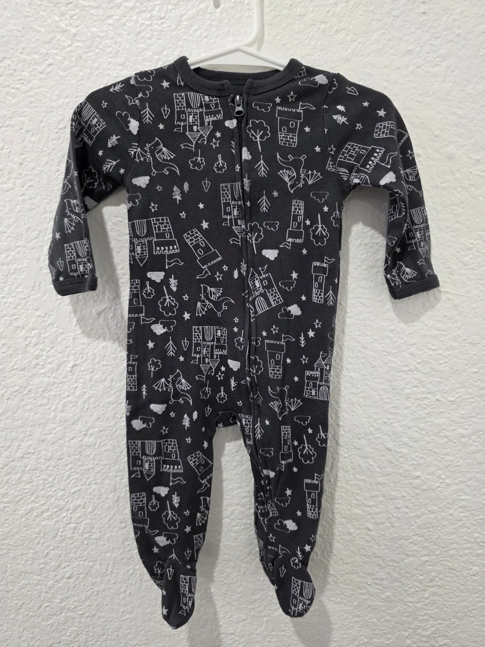 Cozy Black Castle Print Footed One-Piece for Kids